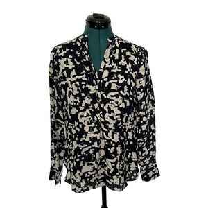 Vince Shirt Womens 2 Navy White‎ Silk Abstract Print Long Sleeve Split Neck